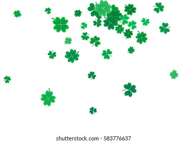 St. Patrick's Day background template with falling clover leaves isolated on a white background. Vector illustration.