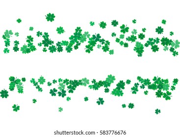 St. Patrick's Day background template with falling clover leaves isolated on a white background. Vector illustration.