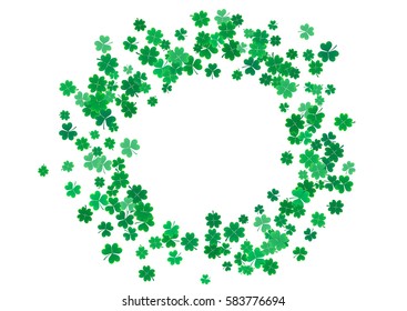 St. Patrick's Day background template with falling clover leaves isolated on a white background. Vector illustration.