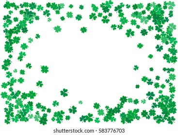 St. Patrick's Day background template with falling clover leaves isolated on a white background. Vector illustration.