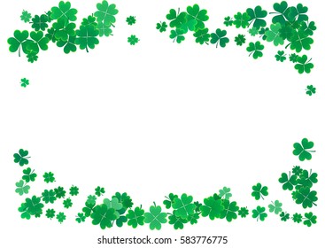 St. Patrick's Day background template with falling clover leaves isolated on a white background. Vector illustration.