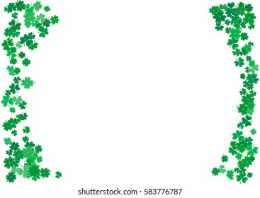 St. Patrick's Day background template with falling clover leaves isolated on a white background. Vector illustration.
