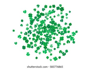 St. Patrick's Day background template with falling clover leaves isolated on a white background. Vector illustration.