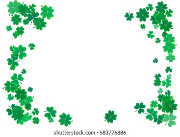 St. Patrick's Day background template with falling clover leaves isolated on a white background. Vector illustration.