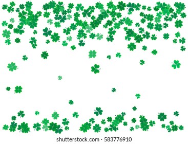 St. Patrick's Day background template with falling clover leaves isolated on a white background. Vector illustration.