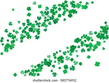 St. Patrick's Day background template with falling clover leaves isolated on a white background. Vector illustration.