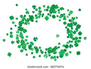 St. Patrick's Day background template with falling clover leaves isolated on a white background. Vector illustration.