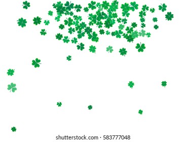 St. Patrick's Day background template with falling clover leaves isolated on a white background. Vector illustration.