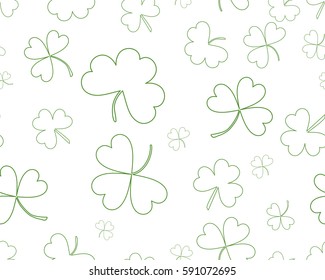 St Patrick's Day background with three leaves clover. Green on white color. The Symbol Of Ireland. The Irish pattern. Vector seamless backdrop clover, trefoil, shamrock  