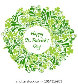 St Patrick's Day background. Vector illustration for lucky spring design with shamrock. Green clover border and round frame isolated on white background. Ireland symbol pattern.