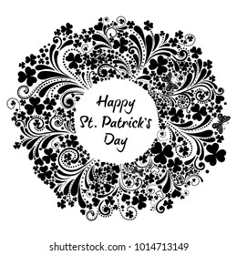 St Patrick's Day background. Vector illustration for lucky spring design with shamrock. Clover border and round frame isolated on white background. Ireland symbol pattern.