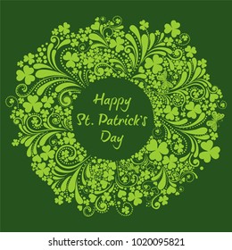 St Patrick's Day background. Vector illustration for lucky spring design with shamrock. Green clover border and round frame. Ireland symbol pattern.