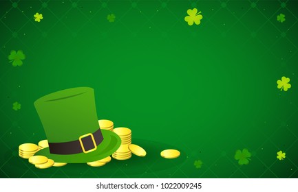 St. Patrick's Day Background vector illustration, Leprechaun hat, gold coins and Shamrock on green background.