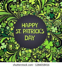 St Patrick's Day background. Vector illustration for lucky spring design with shamrock. Green clover border and round frame isolated on grey background. Ireland symbol pattern. vector