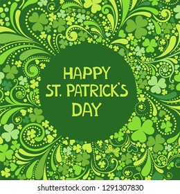 St Patrick's Day background. Vector illustration for lucky spring design with shamrock. Green clover border and round frame isolated on dark green background. Ireland symbol pattern. vector