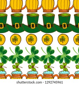 St. Patrick's Day background. Vector seamless pattern with irish symbols of St. Patrick' s holiday.