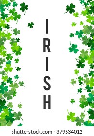 St Patrick's Day background. Vector illustration for lucky spring design with shamrock. Green clover border and frame isolated on white background. Ireland symbol pattern. Irish header for web site.
