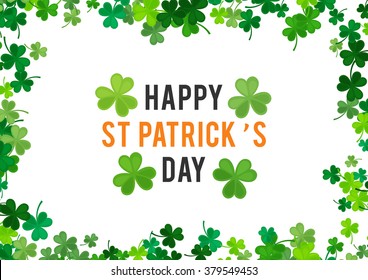 St Patrick's Day background. Vector illustration for luck spring design with shamrock. Green clover border, horizontal frame isolated on white background. Ireland symbol pattern. Irish header for web.