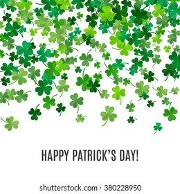 St Patrick's Day background. Vector illustration for lucky spring design with shamrock. Green clover border and frame isolated on white background. Ireland symbol pattern. Irish header for web site.
