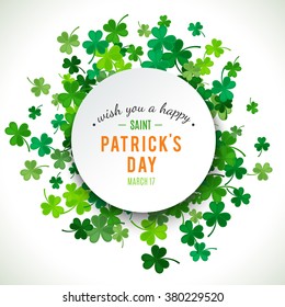 St Patrick's Day background. Vector illustration for lucky spring design with shamrock. Green clover border and round frame isolated on white background. Ireland symbol pattern. Irish header for web.