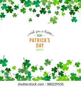 St Patrick's Day background. Vector illustration for lucky spring design with shamrock. Green clover border and stripe frame isolated on white background. Ireland symbol pattern. Irish header for web.