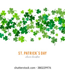 St Patrick's Day background. Vector illustration for lucky spring design with shamrock. Green clover stripe border isolated on white background. Ireland symbol pattern. Irish header for web site.