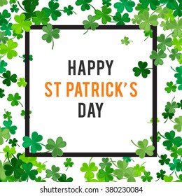 St Patrick's Day background. Vector illustration for lucky spring design with shamrock. Green clover border and square frame isolated on white background. Ireland symbol pattern. Irish header for web.