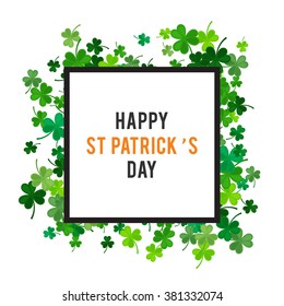 St Patrick's Day background. Vector illustration for lucky spring design with shamrock. Green clover border and square frame isolated on white background. Ireland symbol pattern. Irish header for web.