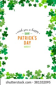 St Patrick's Day background. Vector illustration for luck spring design with shamrock. Green clover border, vertical frame isolated on white background. Ireland symbol pattern. Irish header for web.