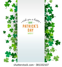 St Patrick's Day background. Vector illustration for lucky spring design with shamrock. Green clover border and stripe frame isolated on white background. Ireland symbol pattern. Irish header for web.