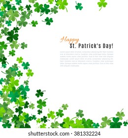 St Patrick's Day background. Vector illustration for lucky spring design with shamrock. Green clover border and frame isolated on white background. Ireland symbol pattern. Irish header for web site.