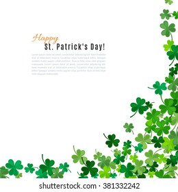 St Patrick's Day background. Vector illustration for lucky spring design with shamrock. Green clover border and frame isolated on white background. Ireland symbol pattern. Irish header for web site.