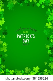 St Patrick's Day background. Vector illustration for luck spring design with shamrock. Green clover border, vertical frame isolated on green background. Ireland symbol pattern. Irish header for web.