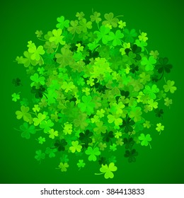 St Patrick's Day background. Vector illustration for lucky spring design with shamrock. Green clover border and round frame isolated on green background. Ireland symbol pattern. Irish header for web.