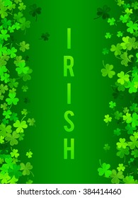 St Patrick's Day background. Vector illustration for lucky spring design with shamrock. Green clover border and frame isolated on green background. Ireland symbol pattern. Irish header for web site.