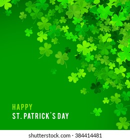 St Patrick's Day background. Vector illustration for lucky spring design with shamrock. Green clover border and frame isolated on green background. Ireland symbol pattern. Irish header for web site.