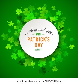 St Patrick's Day background. Vector illustration for lucky spring design with shamrock. Green clover border and round frame isolated on green background. Ireland symbol pattern. Irish header for web.