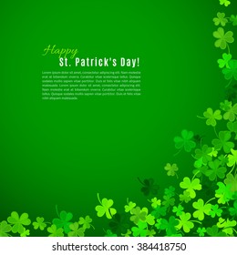 St Patrick's Day background. Vector illustration for lucky spring design with shamrock. Green clover border and frame isolated on green background. Ireland symbol pattern. Irish header for web site.