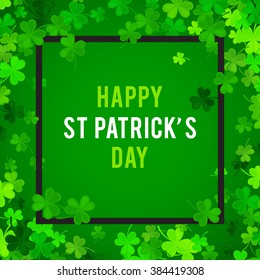 St Patrick's Day background. Vector illustration for lucky spring design with shamrock. Green clover border and square frame isolated on green background. Ireland symbol pattern. Irish header for web.