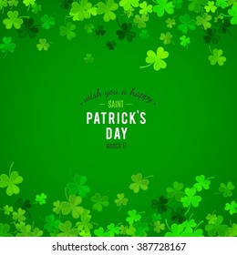 St Patrick's Day background. Vector illustration for lucky spring design with shamrock. Green clover wave border isolated on green background. Ireland symbol pattern. Irish header for web site.