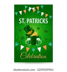 St patricks day background. St. Patrick's Day vertical vector design with traditional holiday symbols Leprechaun hat, treasure pot and glasses of green beer and ale on blurred green background. Vector