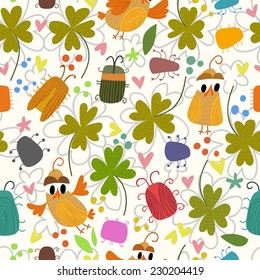St. Patrick`s day background.Lucky seamless pattern with clover, birds and bugs.This card brings good luck.