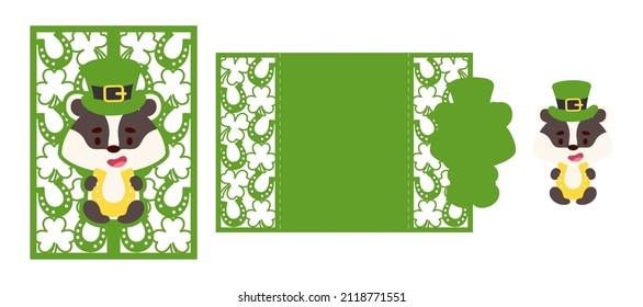 St. Patrick's Day badger laser cutting invitation card template. Paper cut out silhouette for plotter and silk screen printing. Vector stock illustration.