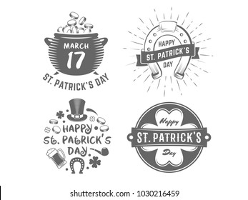 St. Patricks day badges. Vector logos with clover, horseshoe, leprechauns hat, beer mug, pot with coins and other traditional symbols. Set of vintage holiday labels.