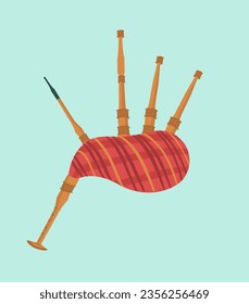 St patricks day bagpipes concept. Traditional Irish holiday symbol. Musical wind instrument. Entertainment and leisure. Poster or banner. Cartoon flat vector illustration isolated on blue background
