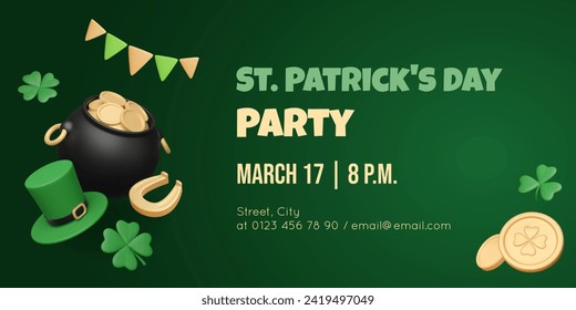 Banner del Día de San Patricio con elementos irlandeses tradicionales en 3D. Cauldrón de oro, sombrero verde leprechaun, herradura de fortuna, monedas y bandejas de fiesta. Ilustración vectorial. Plantilla de invitación.