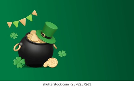 St. Patrick's Day banner with 3d elements and copy space. Pot with gold, top hat, clover leaves, money on green background. Vector illustration. Traditional Irish festival, event invitation template.