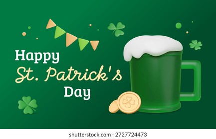 Banner do Dia de São Patrício com caneca de cerveja verde 3D, moedas douradas, folhas de trevo. Ilustração vetorial. Modelo de cartão de saudação com bandeiras e confetes. História de férias na Irlanda.