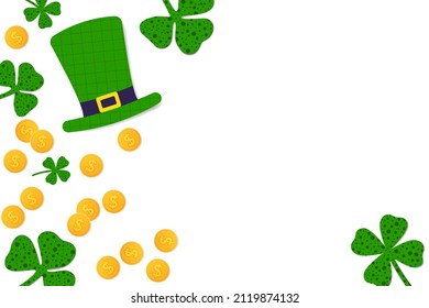 St. Patrick's Day Banner Hintergrund mit Hutmünzen und Klee, Patrick's Day Banner, Feiertage und Festivalschild, drei Blatt Klee. Vektorgrafik