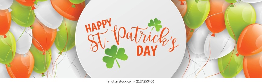 St. Patricks Day banner background with green, orange and white balloons. Irish national holiday. Vector illustration.